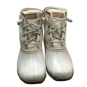 Sperry Saltwater Wool Women 10 Rain Duck Boots Ivory Lace Up Zipper Fall Winter